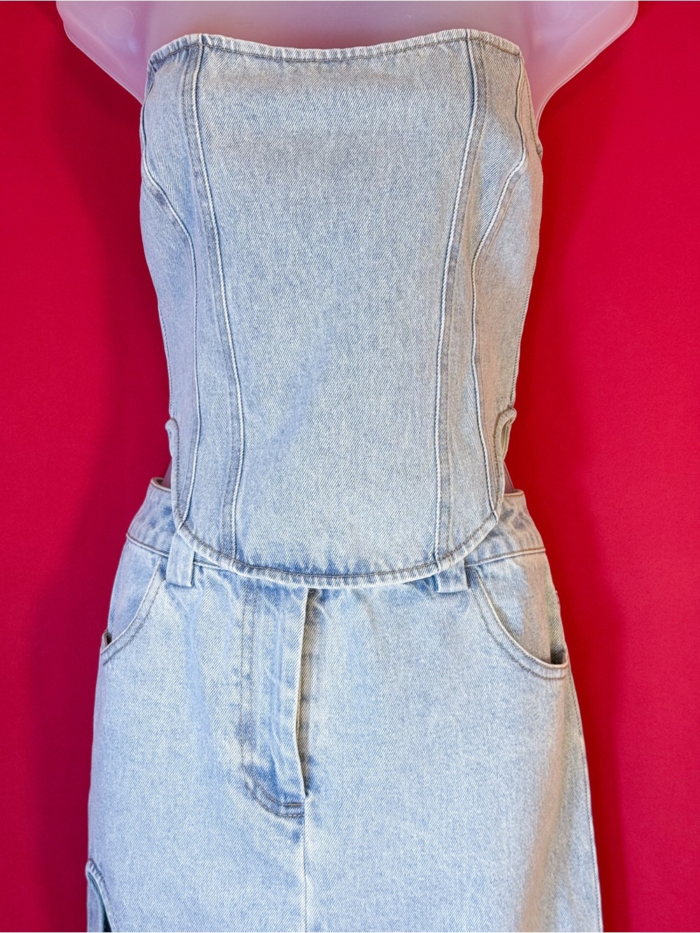 Set Sz Small 🦋 REVOLVE DYLN Zayne Women Light Blue Denim Corset Top Maxi Skirt